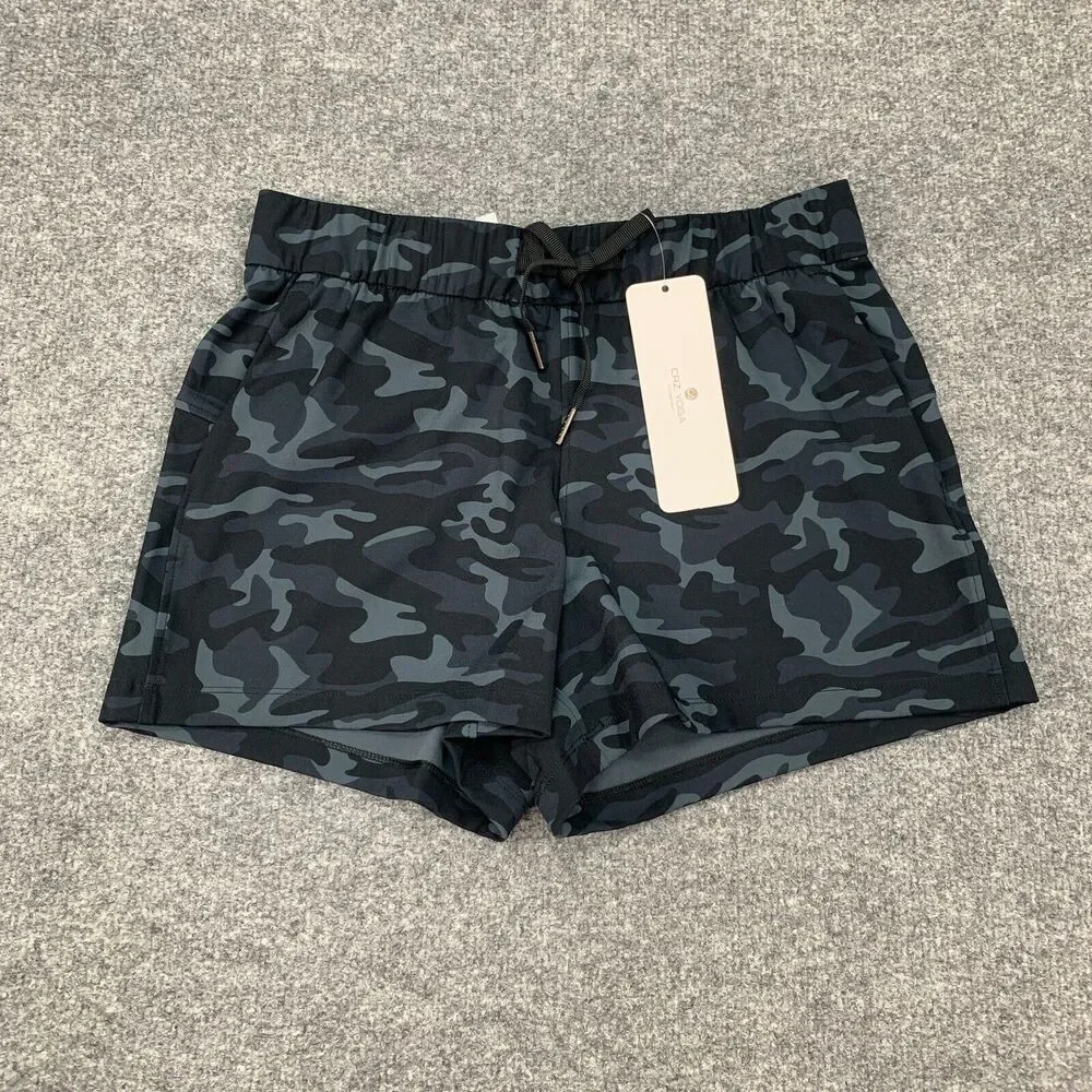 CRZ Yoga Short Womens S Small Black Camo Mid Rise Drawcord Wicking Pockets